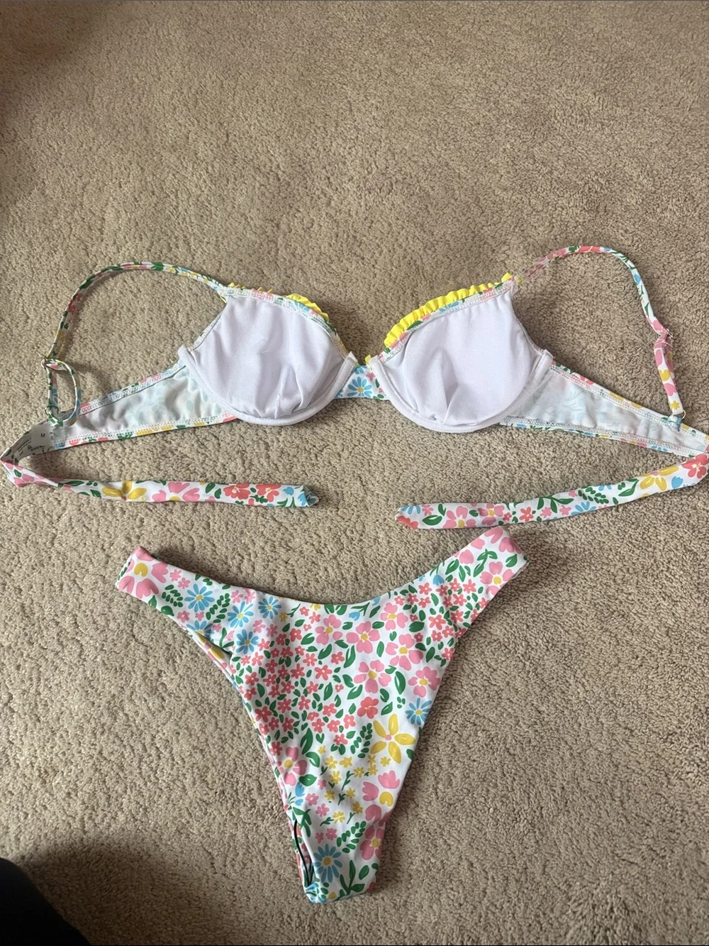 SHEIN Floral Bikini Set - White with Pink, Yellow & Blue Flowers (never worn)